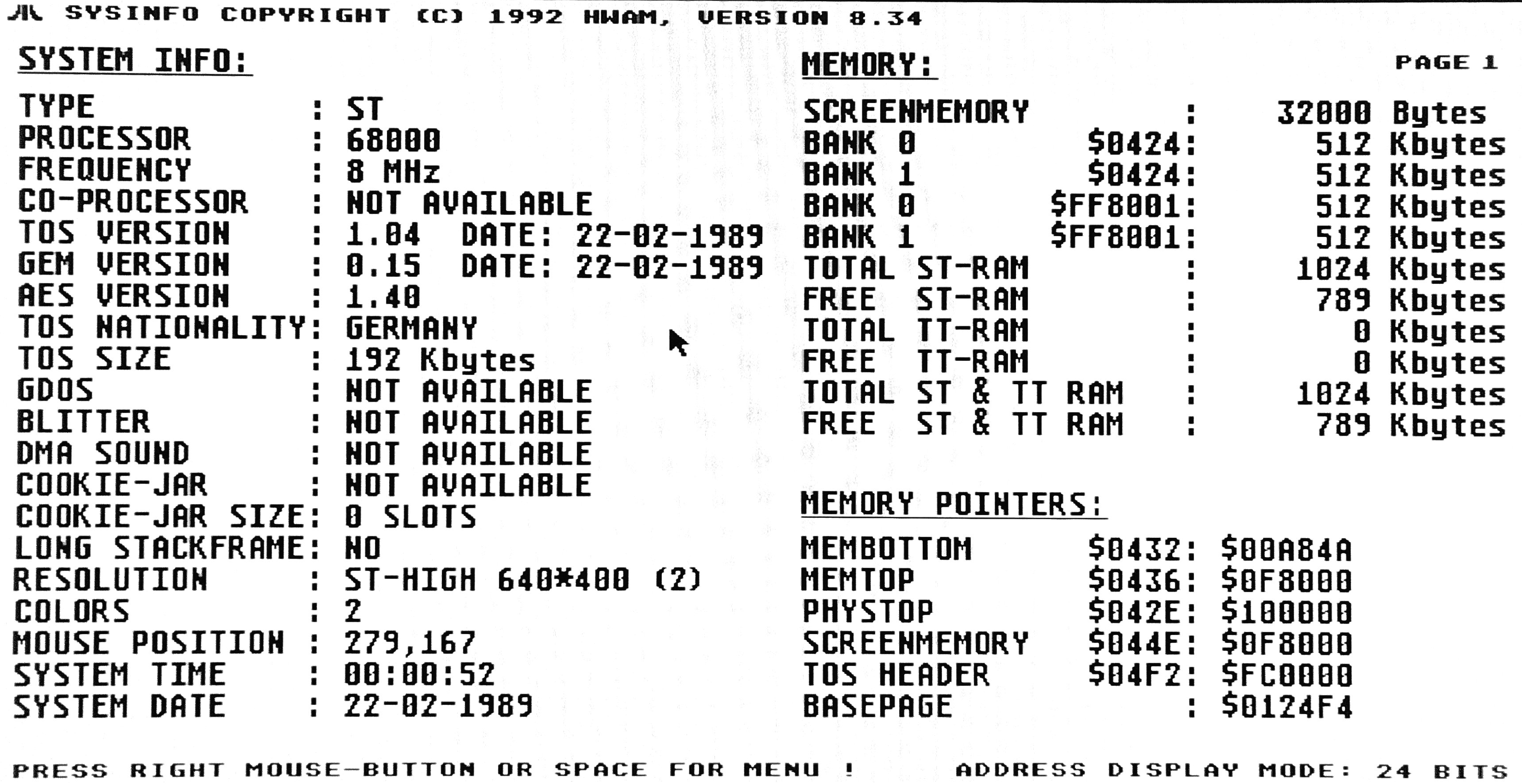 Systeminformationen des Atari 260ST